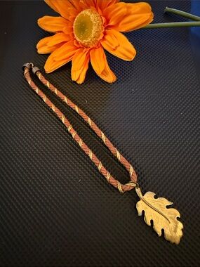 Vintage Handcrafted Gold Leaf Pendant Necklace in Brown and Gold - Women Jewelry